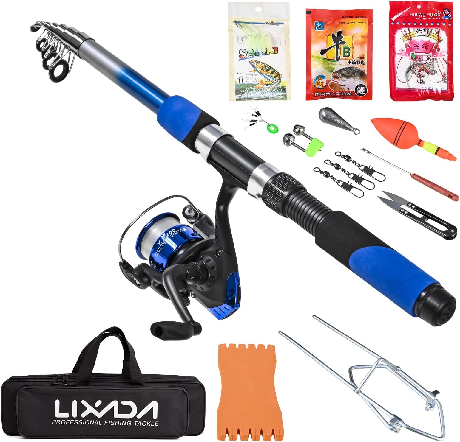 Eacam Fishing Tackle Set With 2.1m Telescopic Fiberglass Sea Rod, Spinning Reel, Baits, Hooks, Bag Kit - Seawater Freshwater Professional Travel Pole Rod Set