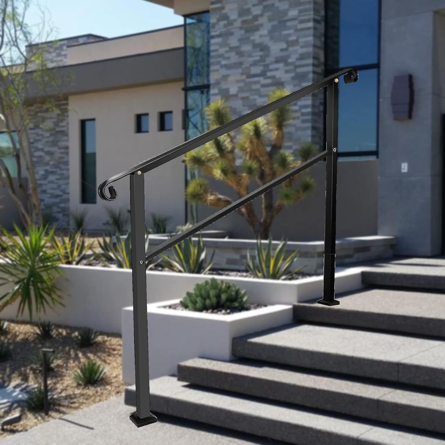 FlySkip 4-Steps Handrails for Outdoor Steps ,Wrought Iron Handrail Fits 1 or 4 Steps ,Matte Black Stair Railing Handrails for Concrete Steps or Wooden Stairs - - 