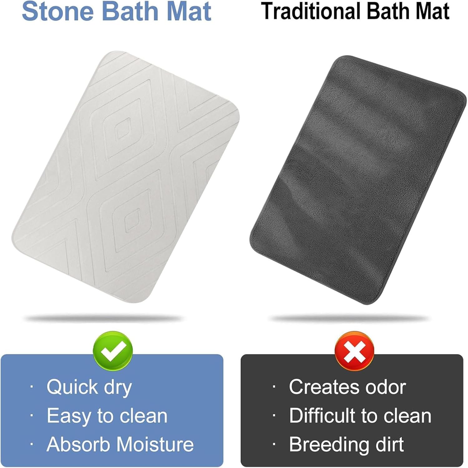 Stone Bath Mat, 2 Pack Diatomaceous Earth Shower Mat, Non-Slip Super Absorbent Quick Drying Bathroom Floor Mat, 24x15, Off-White