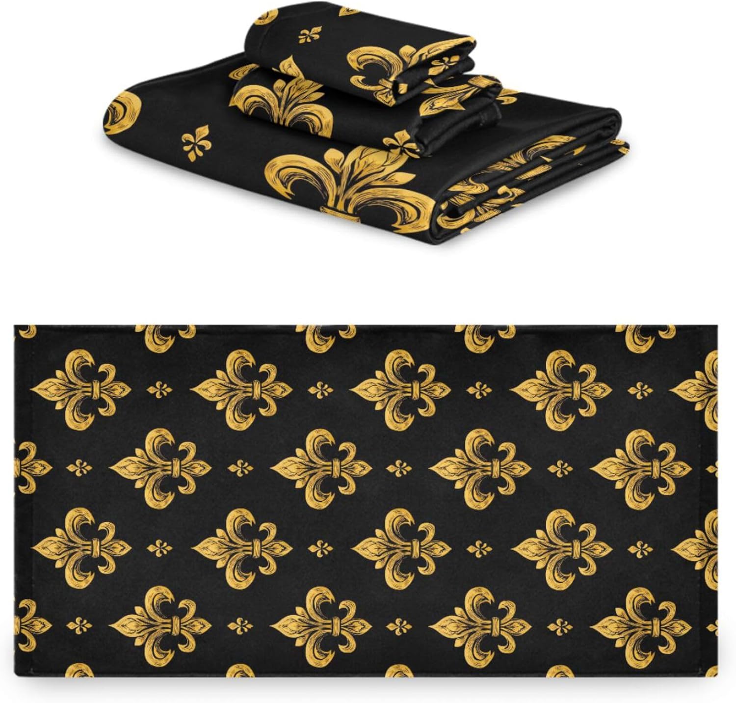 Naanle Golden Fleur-De-Lis Vintage Black Soft Luxury Decorative Set of 3 Towels, 1 Bath Towel+1 Hand Towel+1 Washcloth, Multipurpose for Bathroom, Hotel, Gym, Spa and Beach image 2