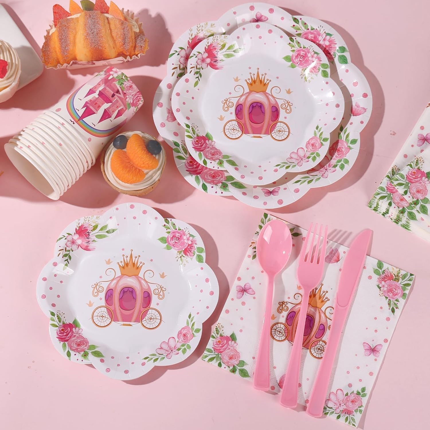 175PCS Pink Princess Birthday Party Decorations, Pink Four Ever a Princess Plates and Napkins Party Supplies, Scalloped Castle Paper Plates Disposable for Baby Shower Girl Birthday Party Decorations - Image 3