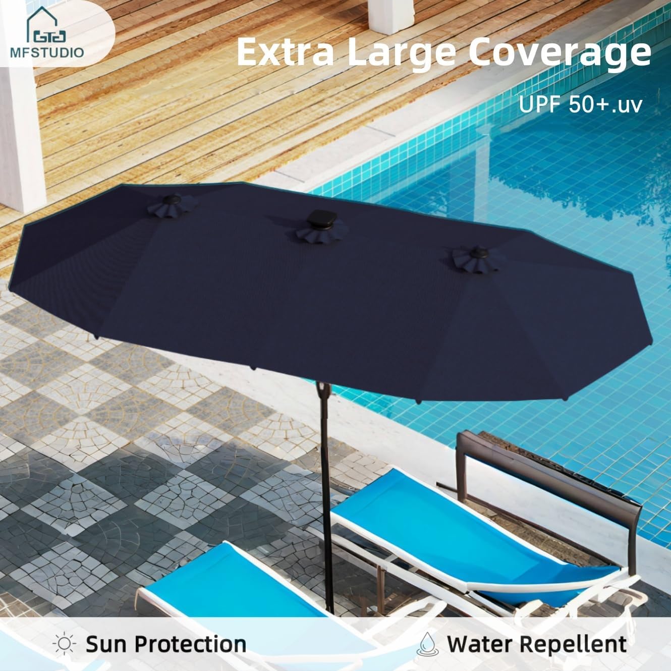 MFSTUDIO 13FT Patio Umbrella with Solar Lights, Double-Sided Outdoor Table Rectangular Umbrellas with120 LED Lights, Hand Crank for Lawn Backyard Pool, Navy Blue