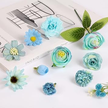 100pcs Fake Flower Heads Mini Artificial Flower Heads (Blue) | Blue Silk Faux flores Cake Blossom Flowers for Hair Crafts Wedding Bridal Party