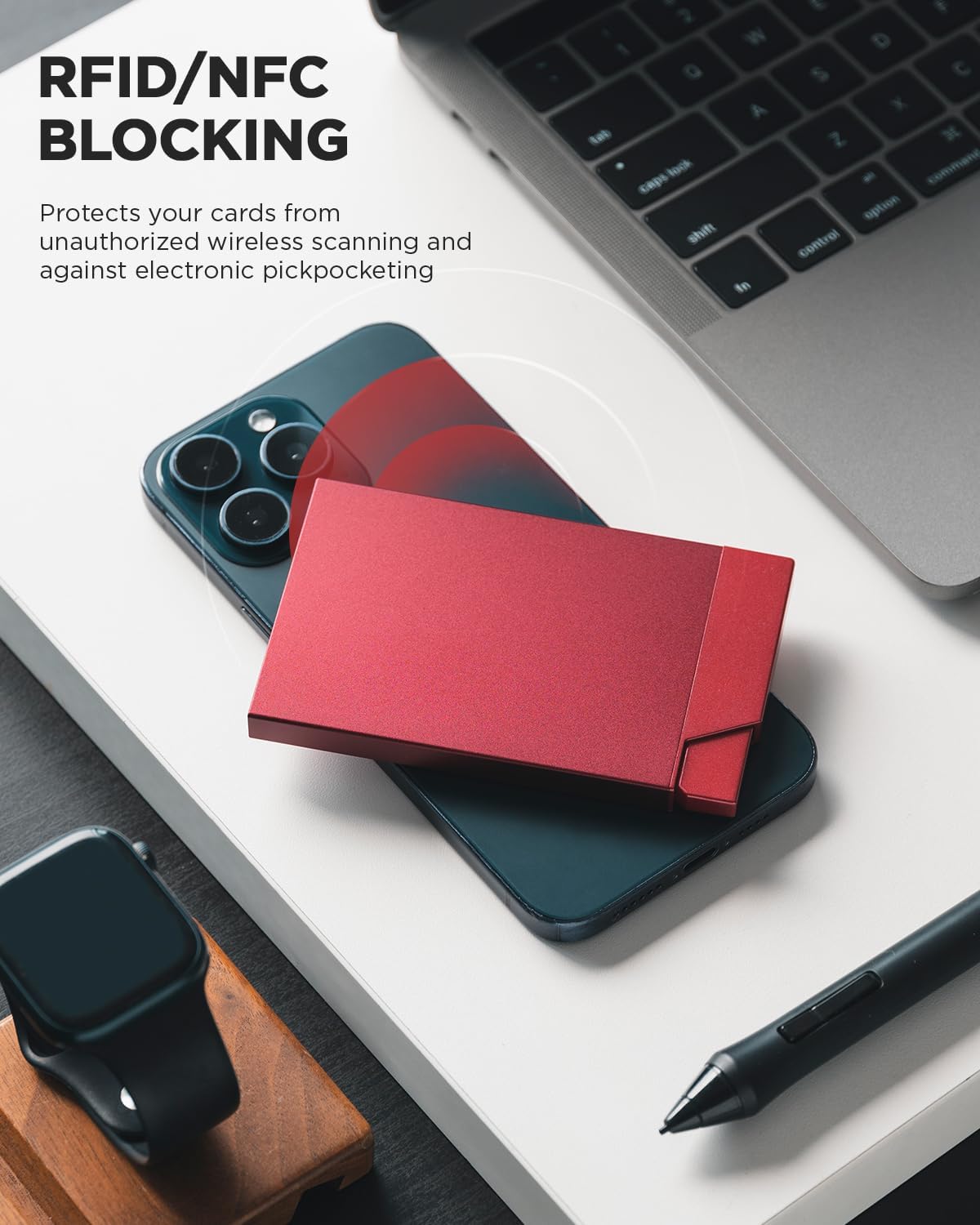 VULKIT Pop up Card Holder Minimalist Credit Card Holder RFID Blocking Slim Metal Card Case for Men or Women(Wine) - Image 4