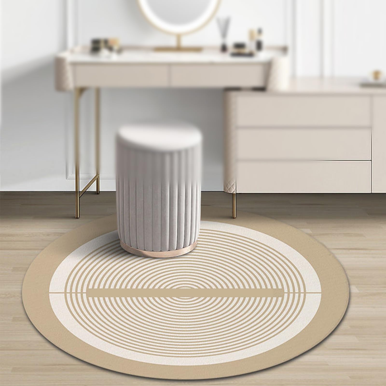 Tapis rond moderne géométrique blanc crème aux finitions soignées