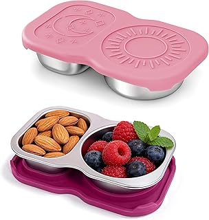 QCQHDU Snack Containers, 2-Compartment Small Stainless Steel Reusable Snack Boxes for Portion Control, Meal Prep Lunch Food Sauce Storage Lunchable Accessories Salad Dressing Containers to Go, 2 Pack