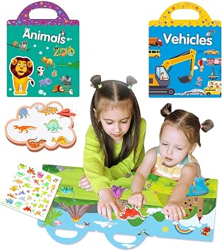 Reusable Sticker Books for Toddlers, Plane Activities for Toddler Sticker Books 1-2 Years 2 PackAnimals Vehicles