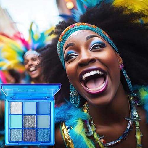 Miniatura 4 de Paleta de sombra de ojos azul, 9 colores, Mardi Gras Carnival prensado pigmento con purpurina, paleta de sombra de ojos impermeable, paleta de