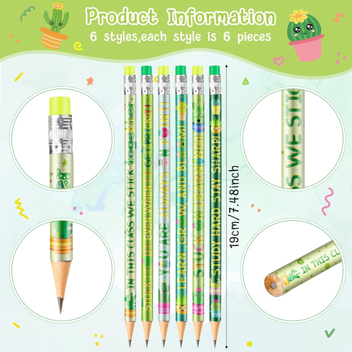 36 Pcs Cactus Pencil with Eraser Motivational for Student Classroom Decor image 2