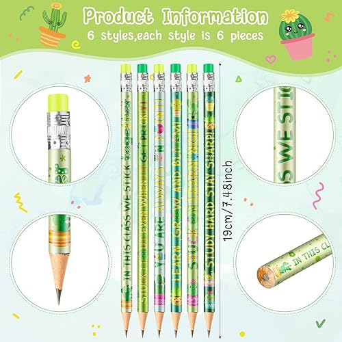 Miniatura 2 de Blulu 36 lápices de cactus, suculentas, cactus, decoración de aula, bonitos y divertidos lápices inspiradores con borradores para la escuela, aula,