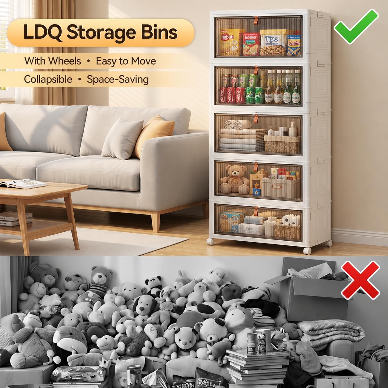 LDQ 170 Qt Large Storage Bins with Lids, 5 Tier Stackable Storage Cabinet with Wheels & Clear Doors, Foldable Plastic Closet Organizer for Bedroom, Bathroom & Kitchen