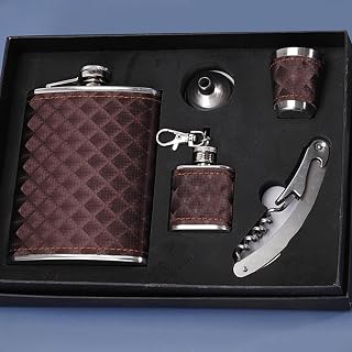 Hip Flask 9OZ, Leather Flask Gift Set, Stainless Steel Flagon with Wine Glass, Tube, Bottle Opener, Stainless Steel Waterproof Portable Pocket Whiskey Flask for Climbing Camping Groomsmen Gifts