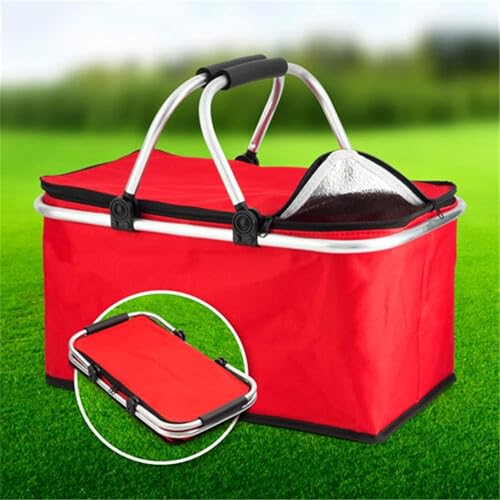 Foldable Insulated Picnic Basket Cooler Bag, Red, Aluminium Handle, Zippered Lid, Outdoor Use