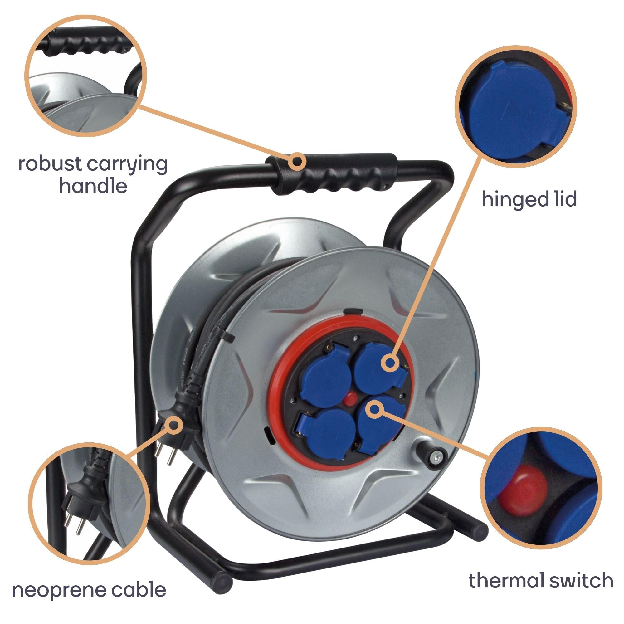 Perel Carrete de cable profesional, uso interior y exterior, resistente a las salpicaduras (IP44), 4 capturas con tierra francesa, sistema anti-tensión, protección térmica, 25 m, 3g2.5, gris/negro