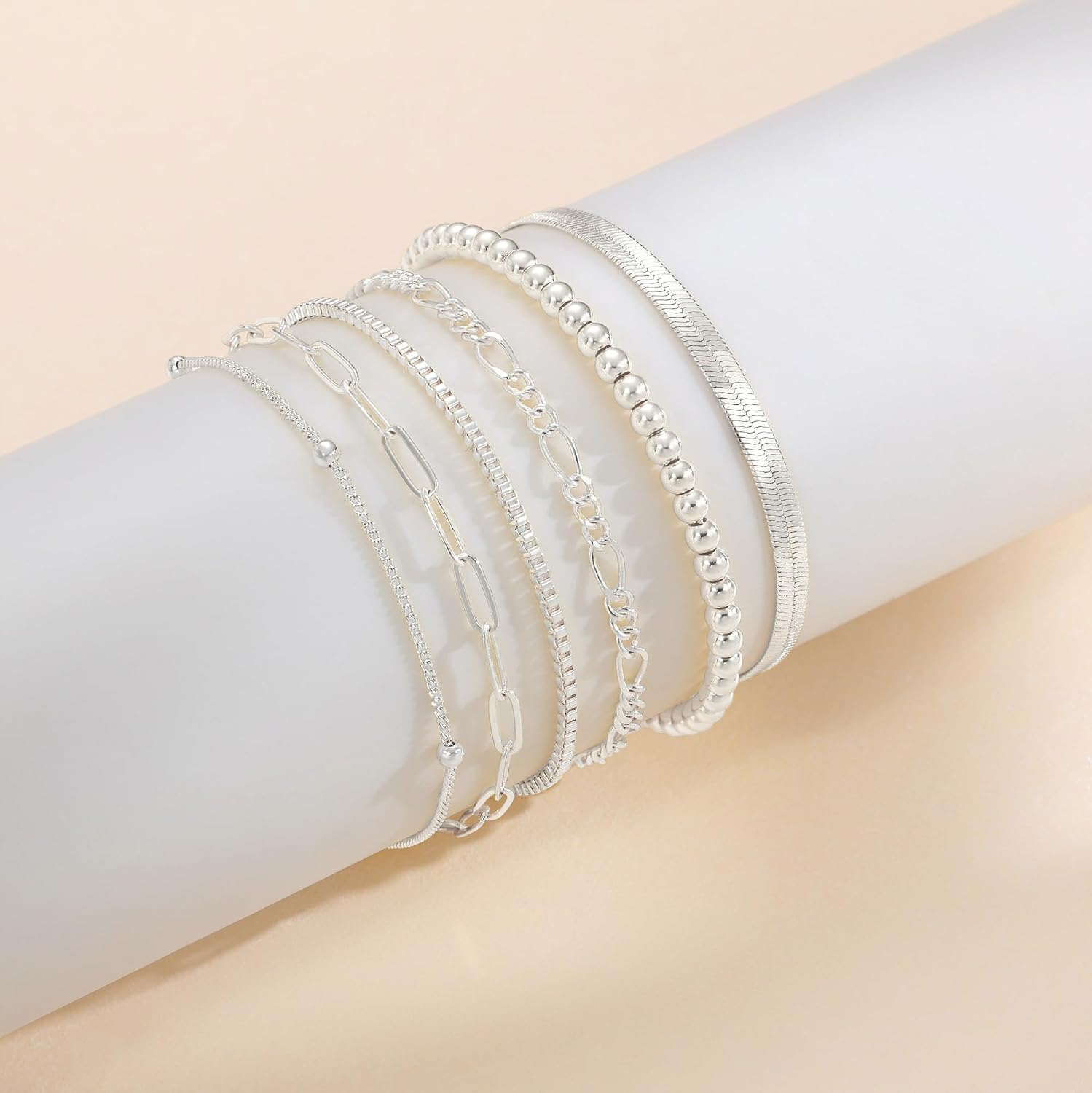 DEARMAY 6PCS Gold&Silver Bracelets Set for Women Dainty, Stackable Sterling Silver Plated Beaded Figaro Herringbone Paperclip Chain Waterproof, Layered Bracelets Set Gifts for Women Mom Her