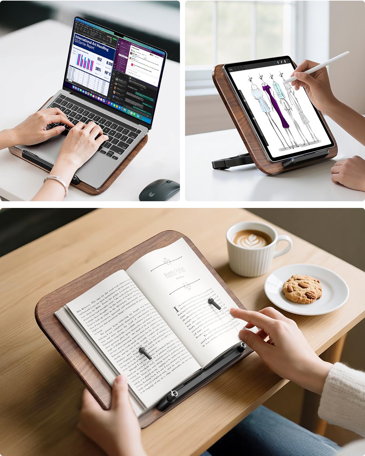 SupeDesk Buchständer, verstellbarer Holz-Buchhalter Leseständer, faltbarer Book Stand mit buchschonender Silikon-Seitenclip, langlebiger Kochbuchhalter, Präsentationsständer für Schule, Büro, Küche