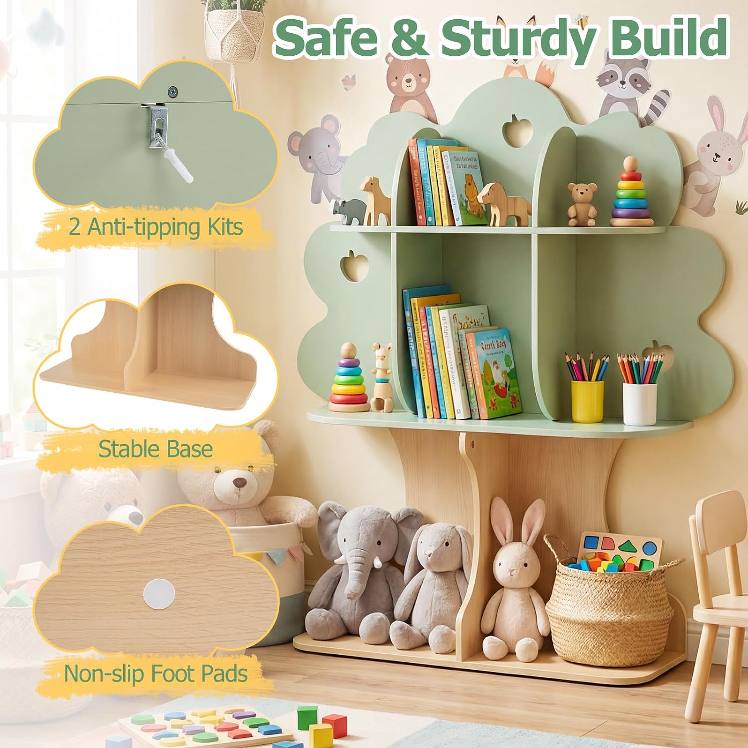 Costzon 45" Kids Tree Bookshelf, Toddler Bookcase w/Open Shelves, 3-Tier Toddler Montessori Bookshelf Toy Storage Organizer for Reading Nook, Nursery, Classroom, Playroom