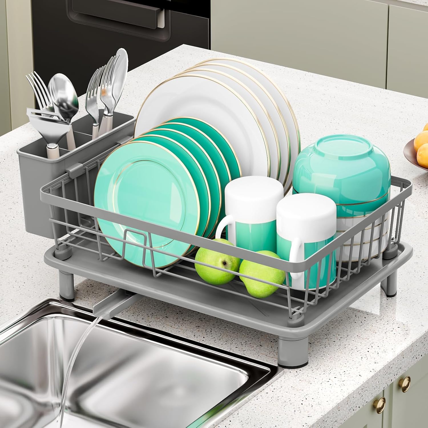 Small Dish Drying Rack, Space Saving Dish Racks for Kitchen Counter, Kitchen Organizer Dish Drainer with Cutlery Holder for Spoons and Forks, 11''W x 15''L, Gray