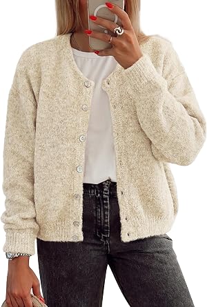 ATHMILE Fall Long Sleeve Cardigans for Women Sweater Fashion Open Front Winter Button Down Crewneck Soft Knit Jacket 2025