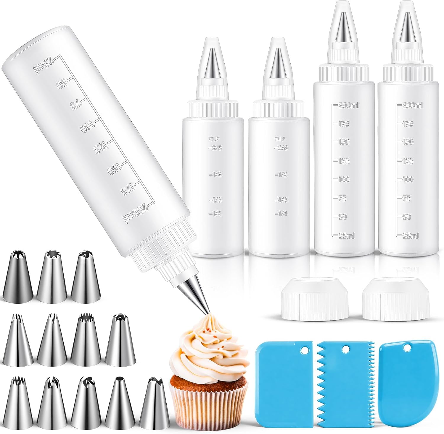 Zhehao 4 Pcs Piping Bottles for Icing Cookie Decorating Supplies Plastic 4 oz & 8 oz Squeeze Bottles & 12 Different Tips & 2 Couplers & 3 Scrapers for Cookie Icing Kit Pancake Squeezing