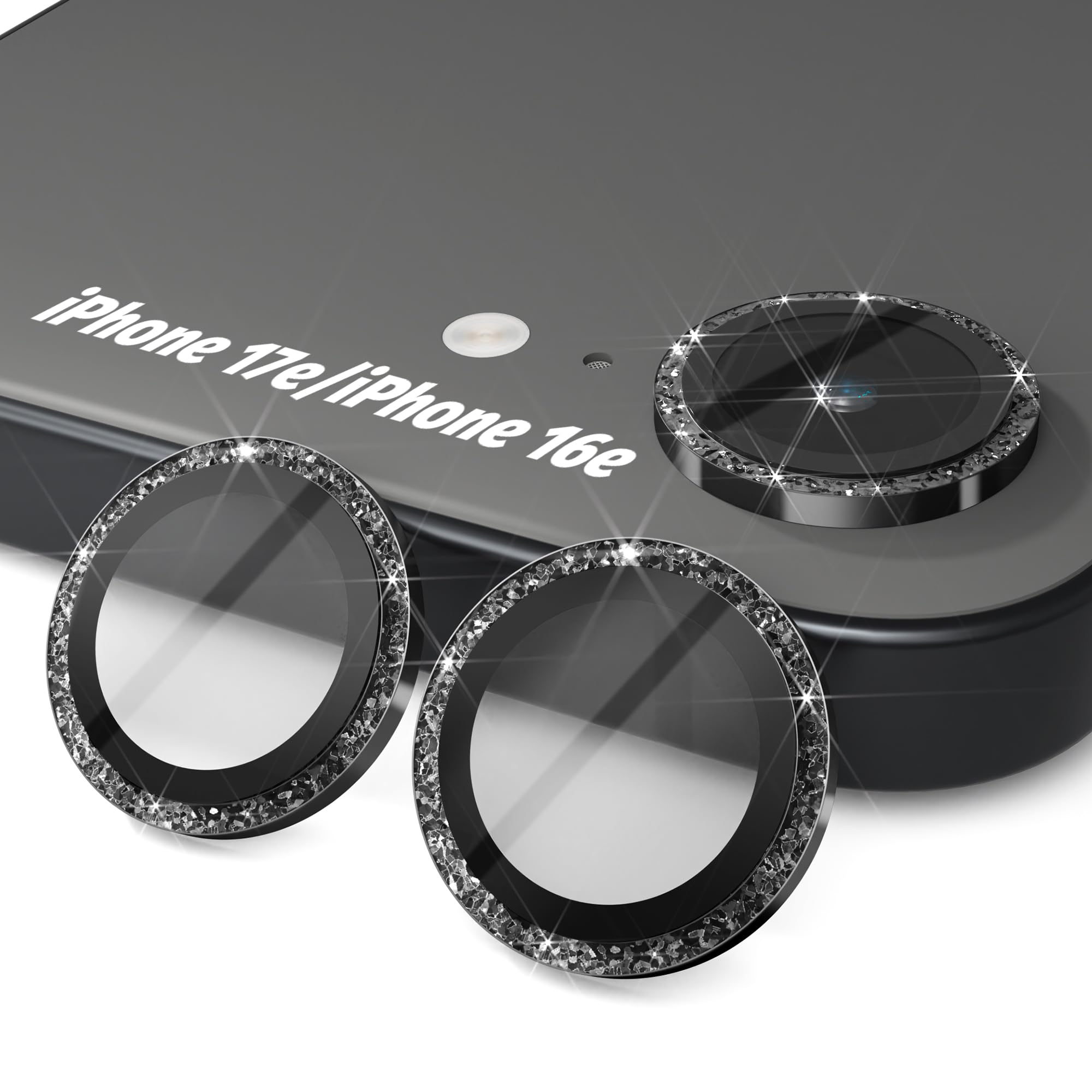 Orzero 9H Glass Camera Lens Protector for iPhone 17e/16e-Bling Black, 3Pack
