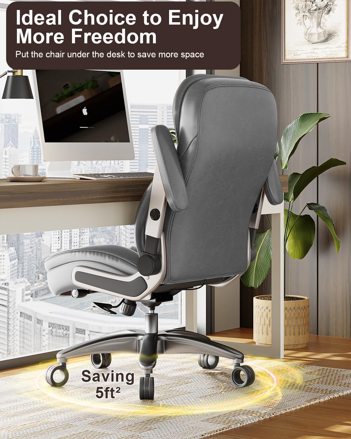 Big and Tall Office Chair, 600lbs Heavy Duty Desk Chair with 5D Arms and Adjustable Lumbar Support, PU Leather High Back Ergonomic Executive Home Office Computer Chair with 3'' Silent Casters