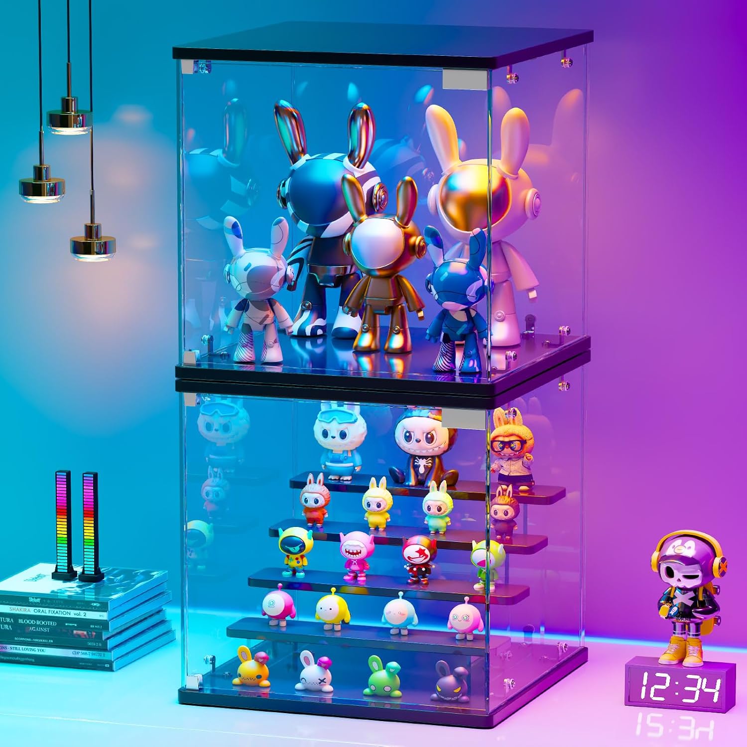 Glass Display Case with RGB Lights - for Collectibles, 5-Tier Adjustable Display Box with Music Rhythm, Dustproof Clear Small Showcase for Mini Figures, Car Models, Cards, Miniatures (Black)