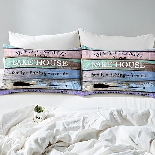 Miniatura 6 de Juego de ropa de cama con temática de casa de lago, funda de edredón vintage de madera azul para niños, adolescentes y niños, funda de edredón con