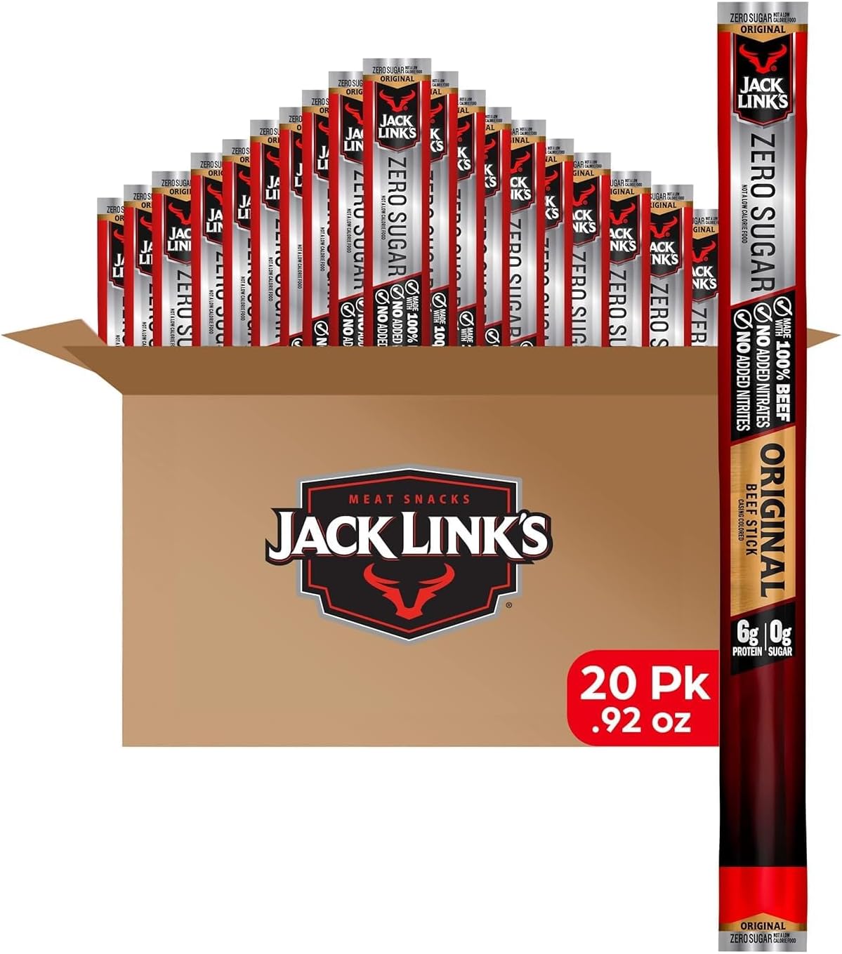 Jack Link's Original Zero Sugar Beef Sticks - (20 Pack) 0.92 oz Meat Sticks - Ready to Eat Protein Snacks - 5g Protein per Serving - Made with 100% Real Beef