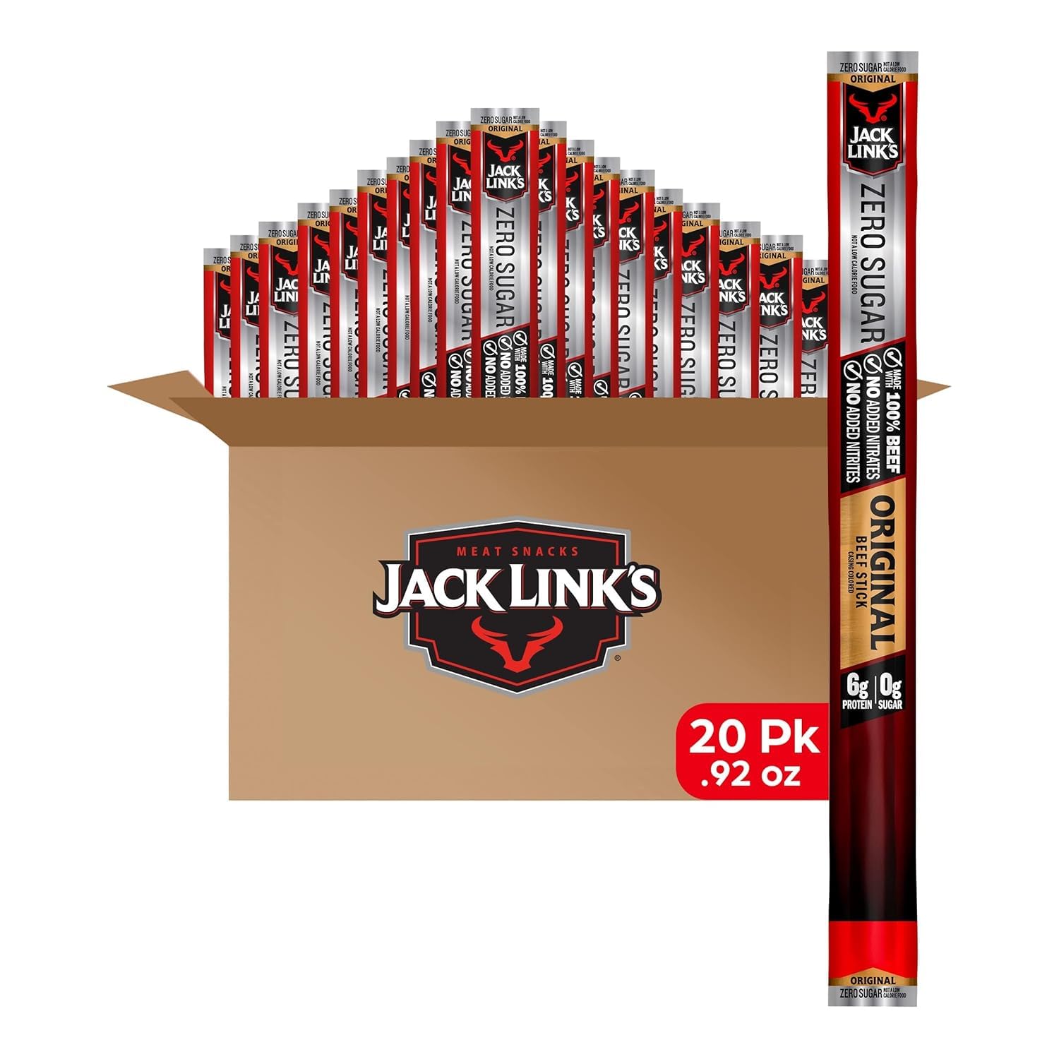 Jack Link's Zero Sugar Original Beef Sticks 20 Pack - 0.92oz High Protein Keto Snacks, 100% Real Beef, 5g Protein