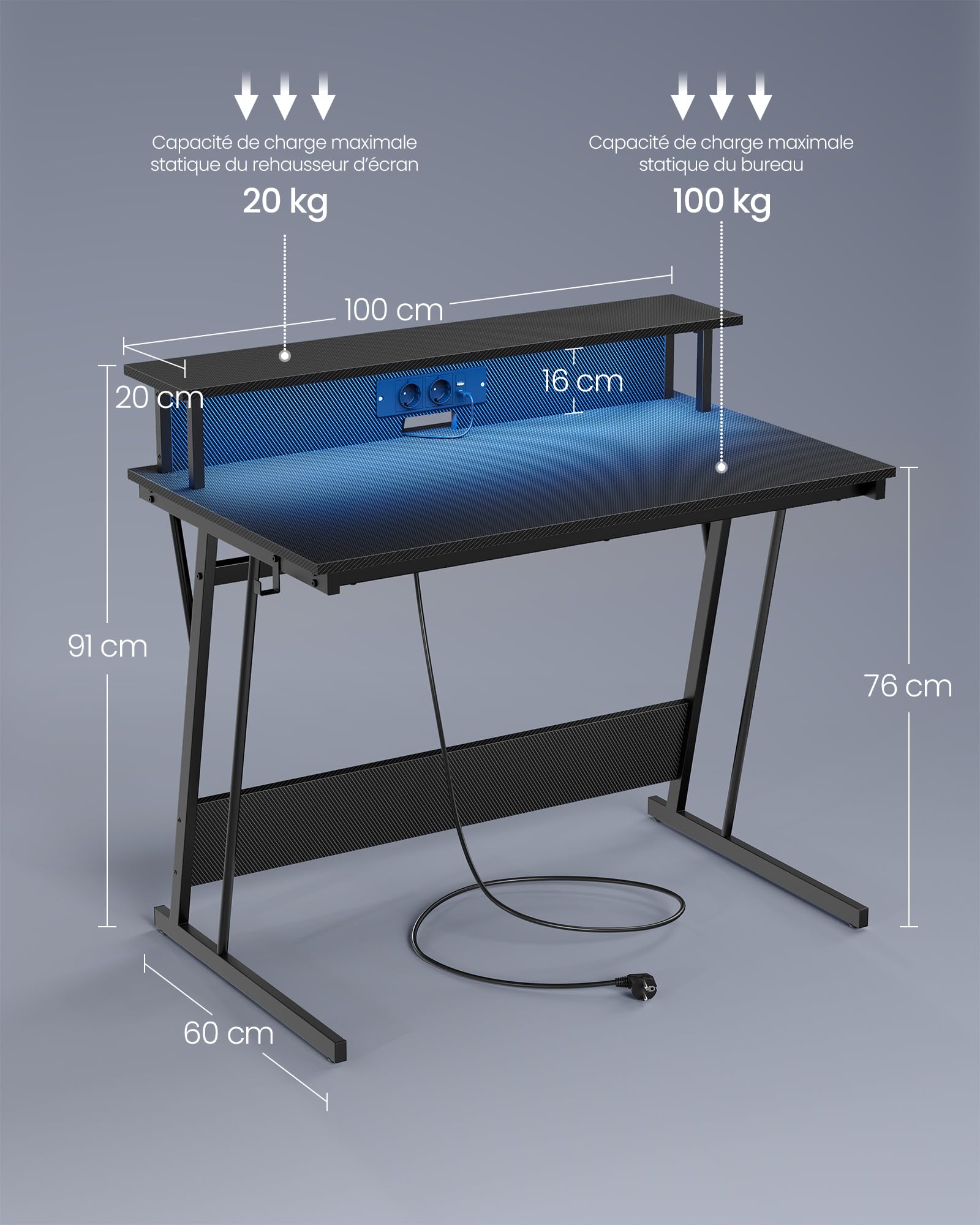 VASAGLE Bureau Gaming avec LED et Multiprise, Table Gamer, Bureau Informatique avec Rehausseur d’Écran, pour 2 Ordinateurs, pour Chambre, 60 x 100 x 76 cm, Noir Carbone LWD191B02