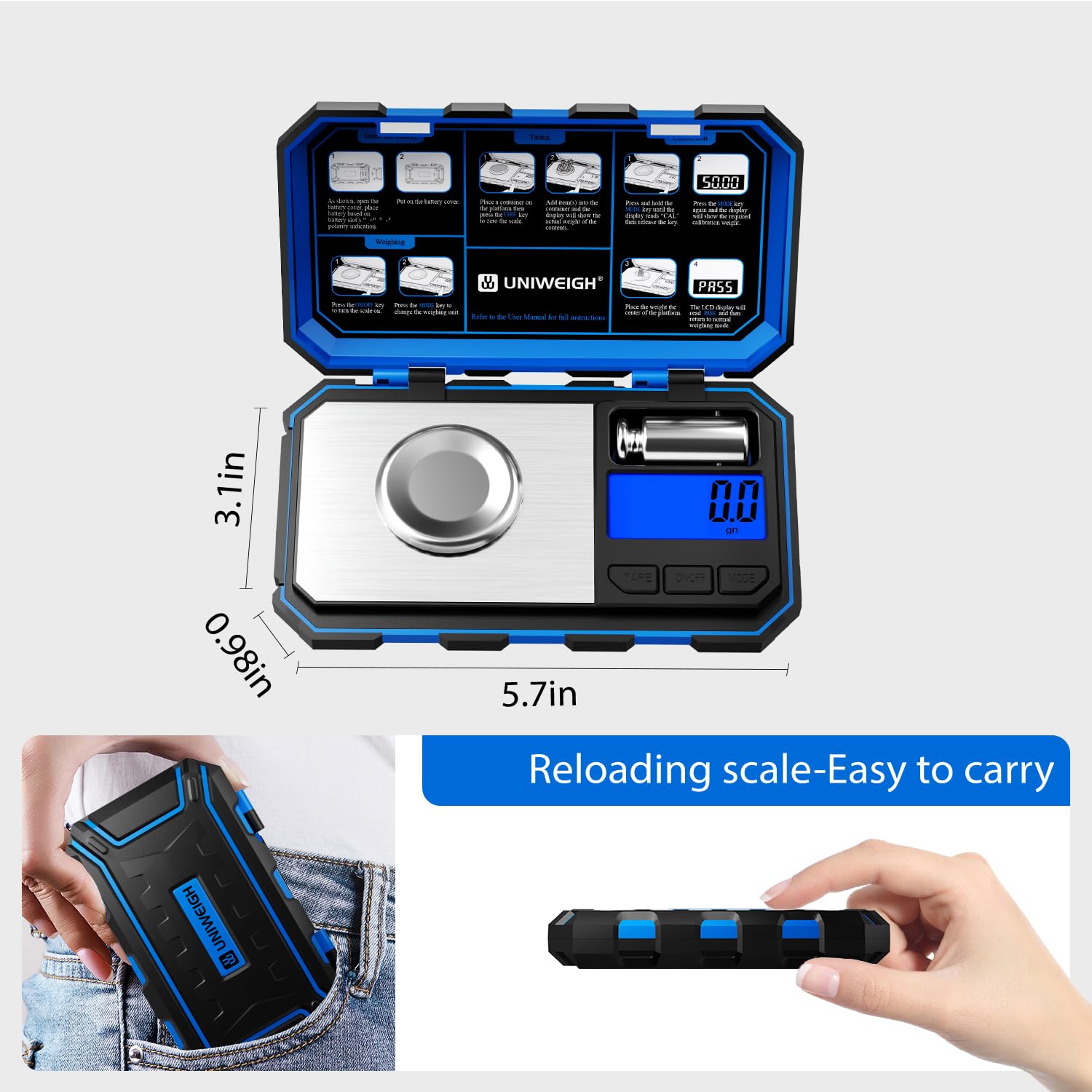 UNIWEIGH Báscula digital de recarga de precisión de 1500 granos x 0,1 gn, báscula de polvo para recarga, báscula de grano con pantalla LCD/tara/funciones de calibración, bolsillo de escala de