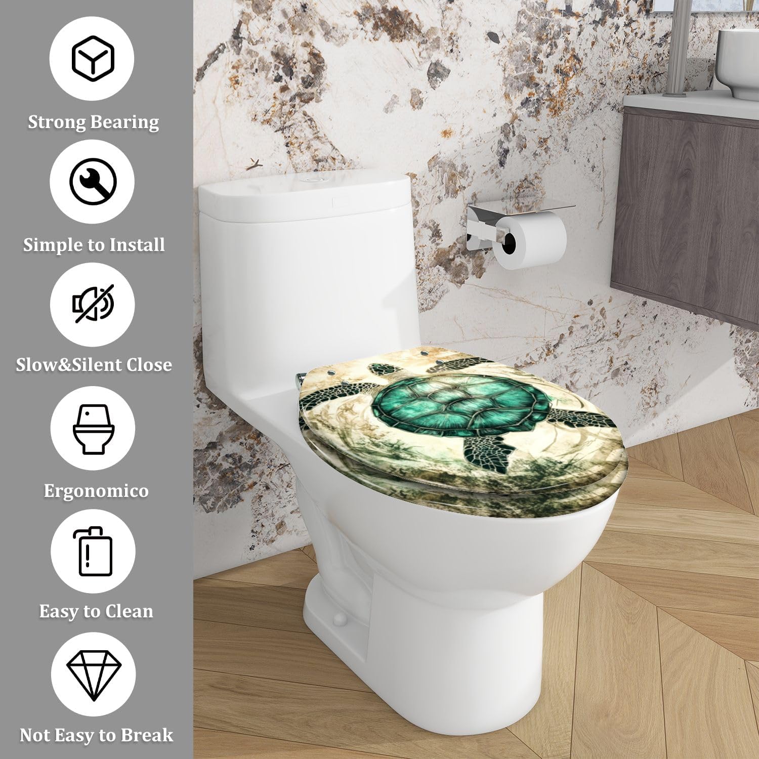 Elongated Toilet Seat Teal Sea Turtle Navigating Coral Illustration Resin Toilet Seat Quietly Close Quick Release Hinges Decorative Toilet Seat with Cover Easy to Install