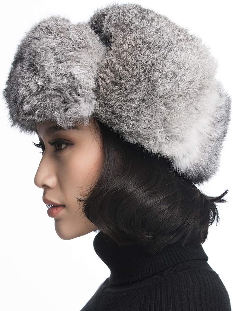 URSFUR Unisex Winter Trooper Hat Real Rabbit Russian Aviator Ushanka Trapper Mask