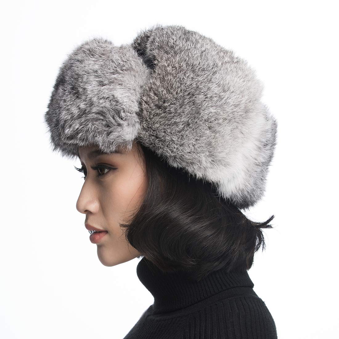 URSFUR Unisex Winter Trooper Hat Real Rabbit Russian Aviator Ushanka Trapper Mask Black