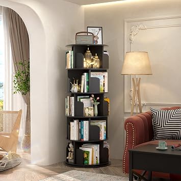 Aheaplus Rotating Bookshelf, 5 Tier Wood Spinning Bookshelf Tower, Black