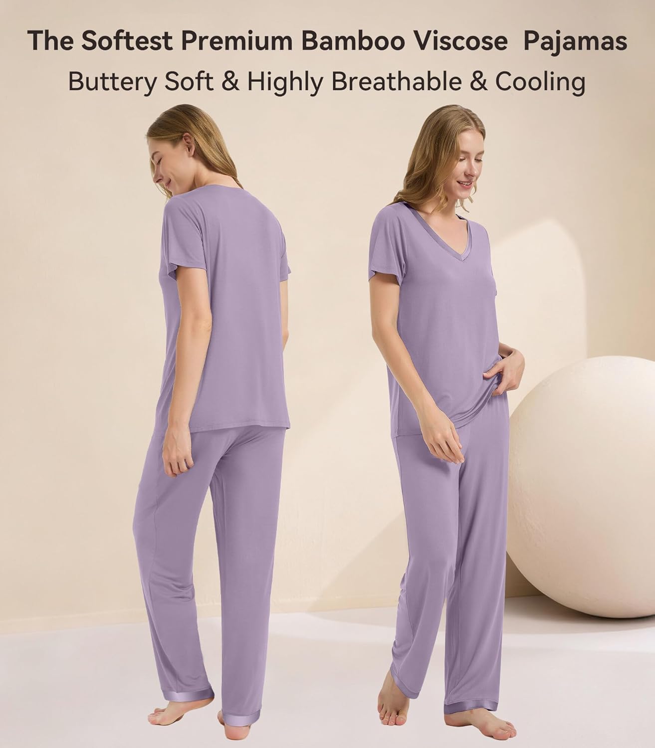 WiWi Womens Viscose from Bamboo Pajamas Set Short Sleeve Top with Pants Pjs Soft V Neck Sleepwear Lightweight Loungewear S-3X - Image 3