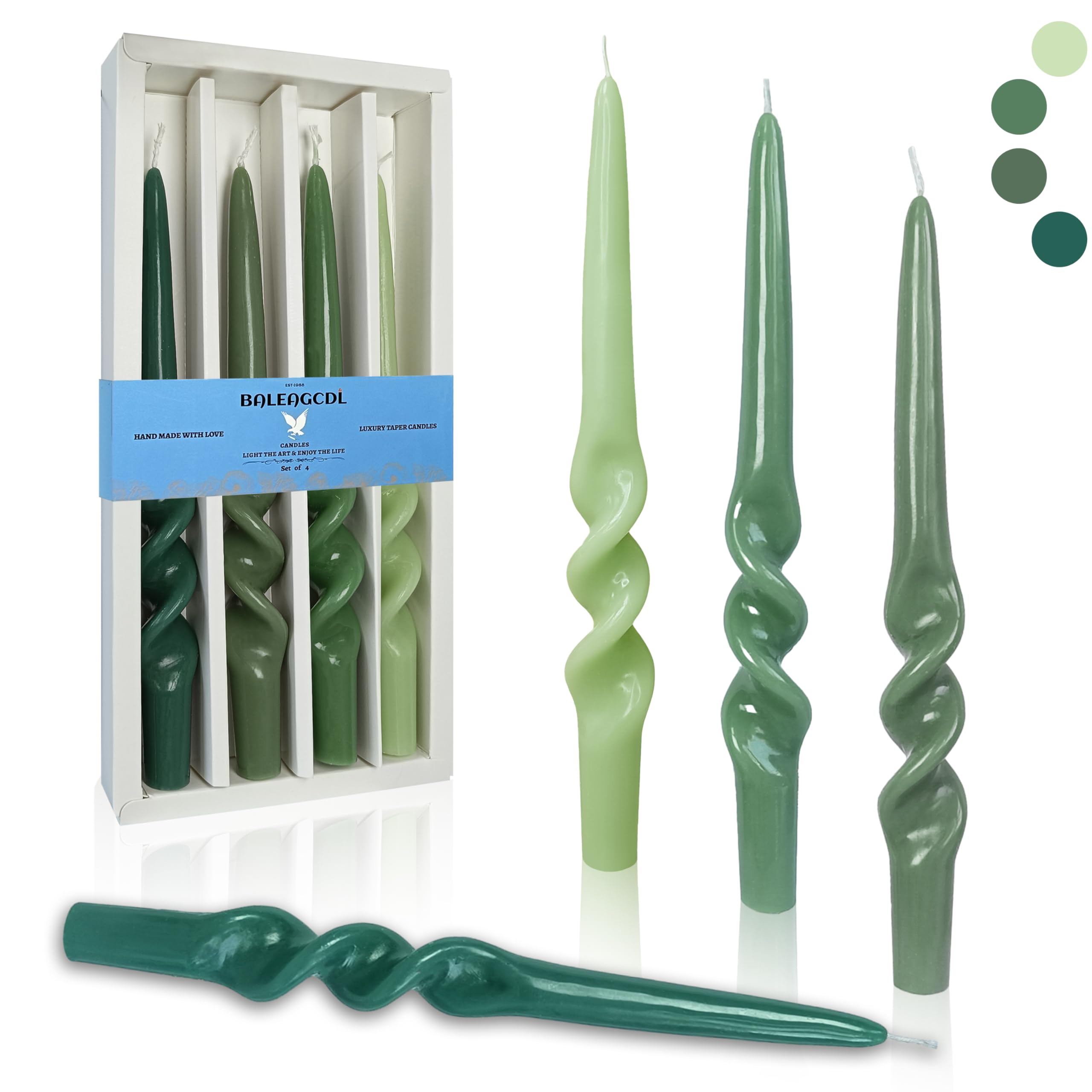 BALEAGCDL Gradient Green Smokeless Candles Handmade Twisted Taper Candle 9.5 Inch Long Spiral Candlesticks Dinner Unscented Candles for Holiday Wedding Party Seasons Home Decor