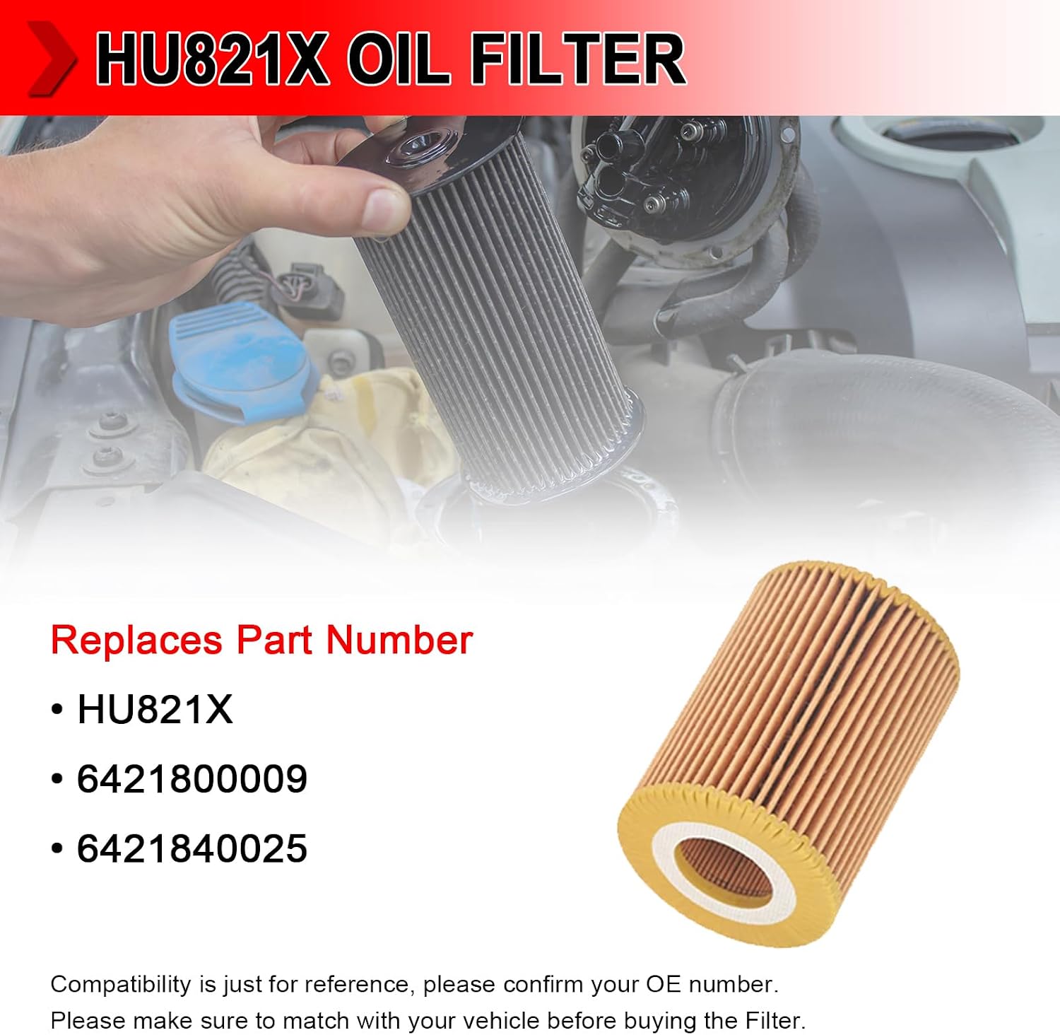 HU821X Oil Filter With Oil Drain Gasket Compatible with Mercedes-Benz Freightliner Jeep Dodge Vehicle E350 GL350 ML350 R320 R350 S350, Replaces # HU821X, 6421800009, Pack of 4