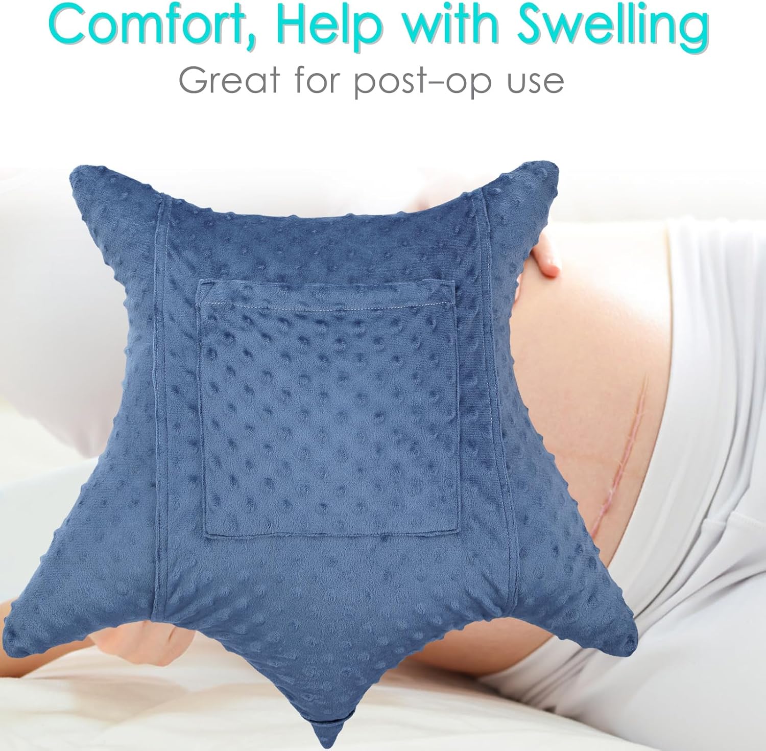 Heart Surgery Pillow Shock Absorbing for Open Heart Surgery After Bypass Coughing with 2 Pockets - Recovery Gifts with Hands Placement Pouch, Minky Dot Denim Blue