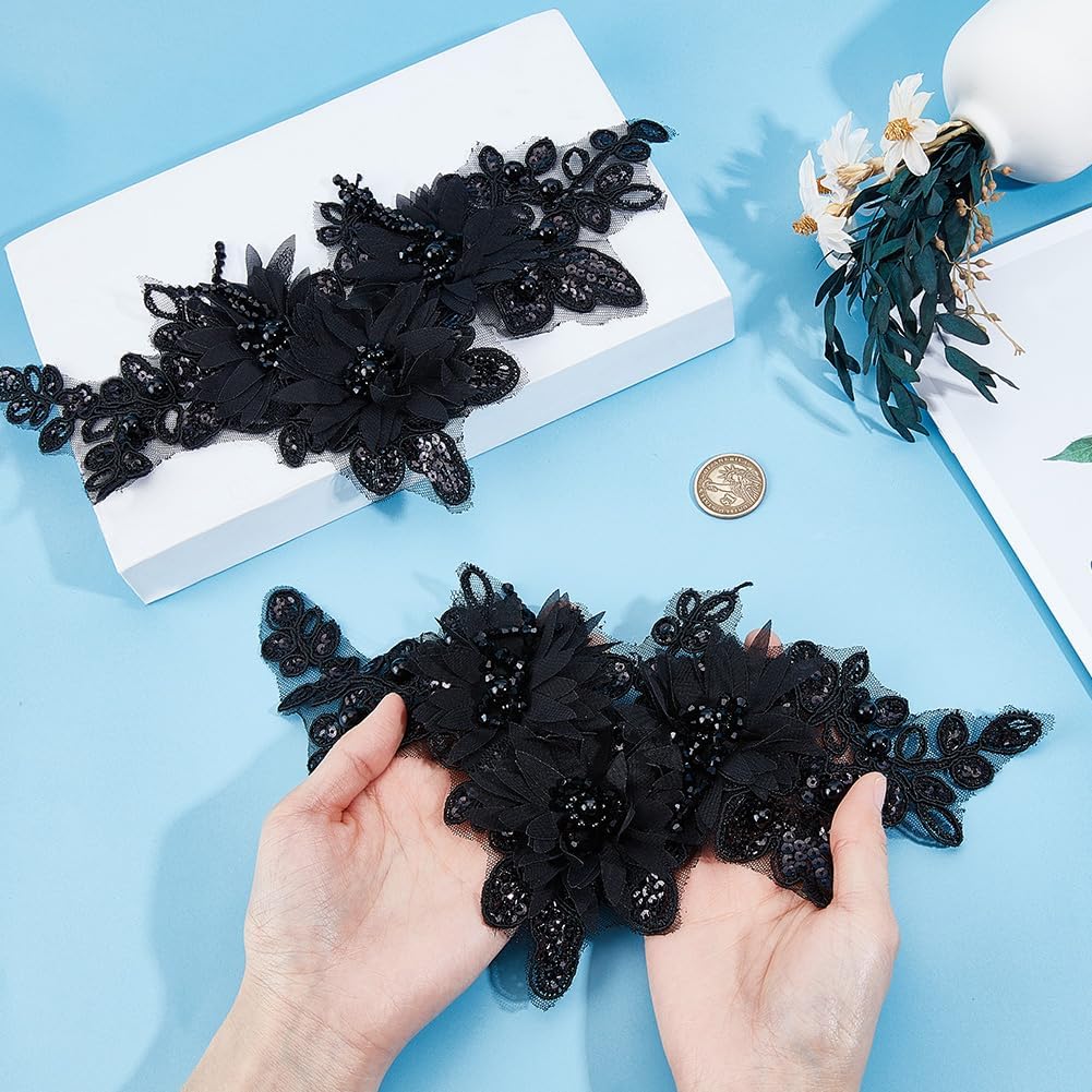 2Pcs 3D Floral Lace Applique Black Sequin Pearl Beaded Embroidered Appliques Flower Embroidery Sew on Tulle Repair Patches for Sewing Making Clothes Dresses Gowns Wedding Costumes Diy Crafts