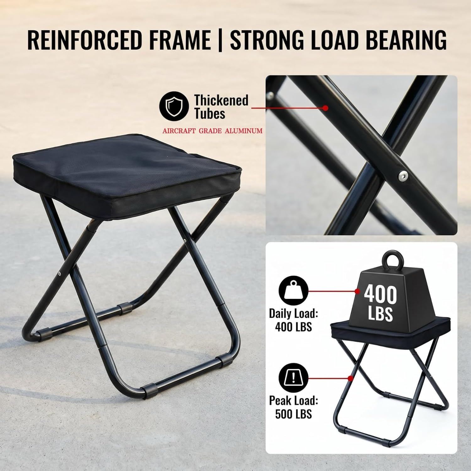 Collapsible Stool 16 Inch, Foldable Backpack Stool with Integrated Pouch, Padded Folding Stool 400lbs Heavy Duty, 1.9 lbs Portable Camping Stool for Adults, Tailgating Hiking Fishing Concert