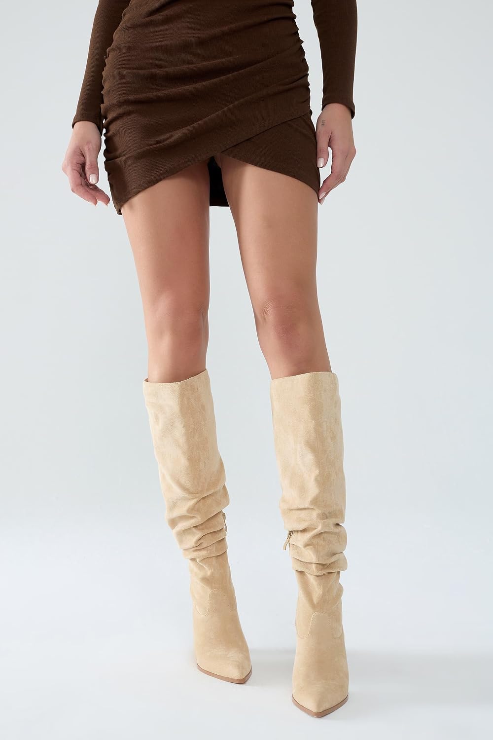 Goderci Knee High Boots Faux Suede Pointed Toe Boots for Women Chunky Block Tall Boots with Side Zip