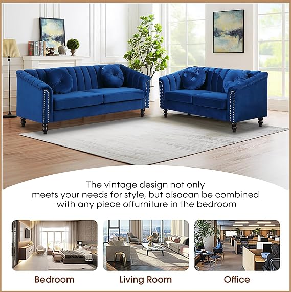 Velvet Sofa Sets Couch Sets for Living Room,76'' Chesterfield Loveseat Sofa Set with 4 Pillows and Rolled Arm for Living Room/Apaetment/Bedroom(Blue,2pcs)