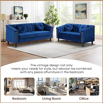 Velvet Sofa Sets Couch Sets for Living Room,76'' Chesterfield Loveseat Sofa Set with 4 Pillows and Rolled Arm for Living Room/Apaetment/Bedroom(Blue,2pcs)
