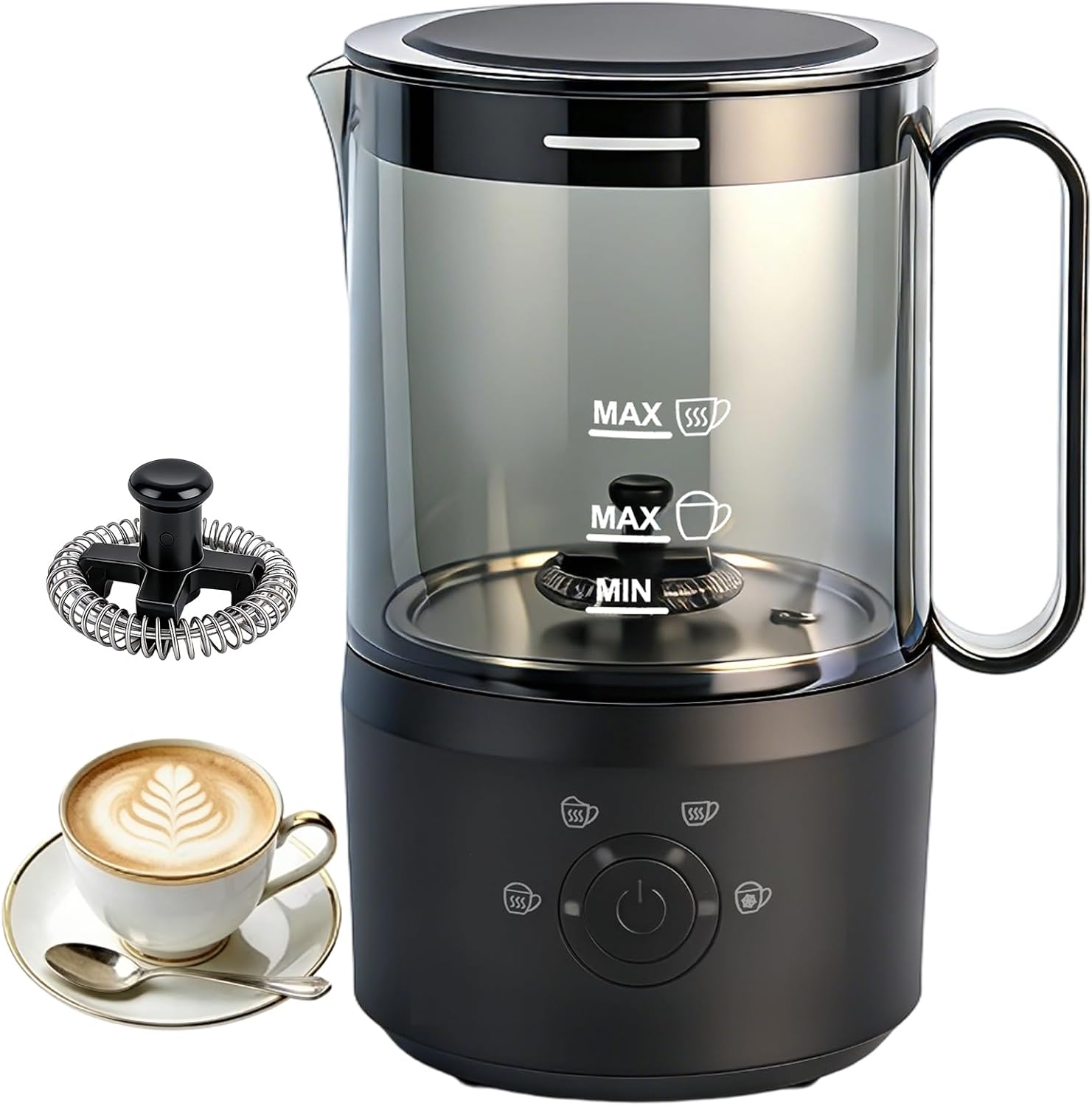 Milk Frother, 4-in-1 Electric Milk Steamer(10oz/300ml)，Automatic Hot and Cold Foam Maker for Iced Coffee, Lattes, Cappuccinos & Macchiatos, Non-Stick Interior, Black.