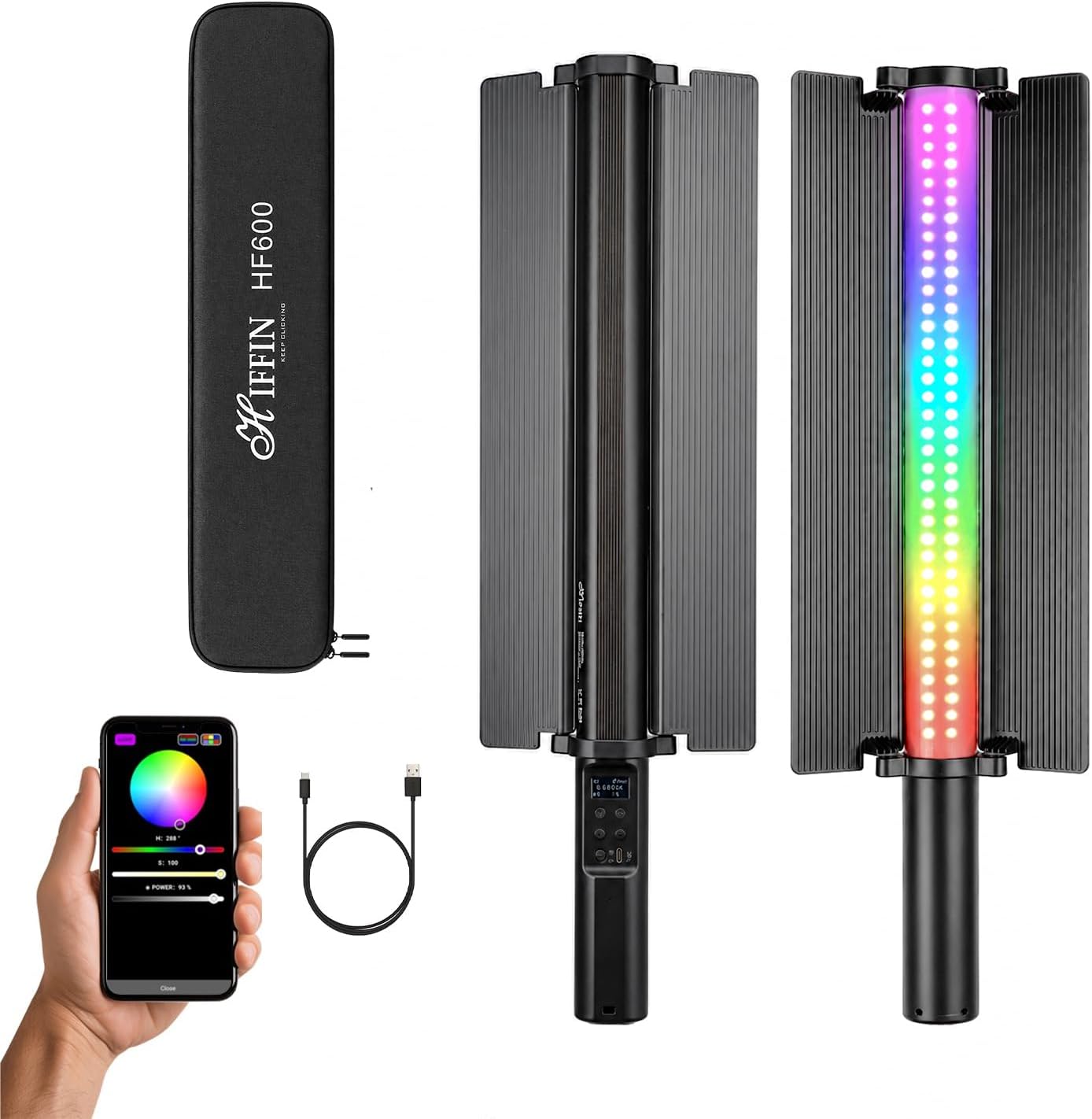 HIFFIN HF-600 RGB LED Light Stick for Photography, Photography Light with RGB CCT HSI Mode, 2500K-9900K Adjustable, 25 Fx Light Effect, Power 25W, Barndoor, 5200mah Battery for YouTube, Photoshoot