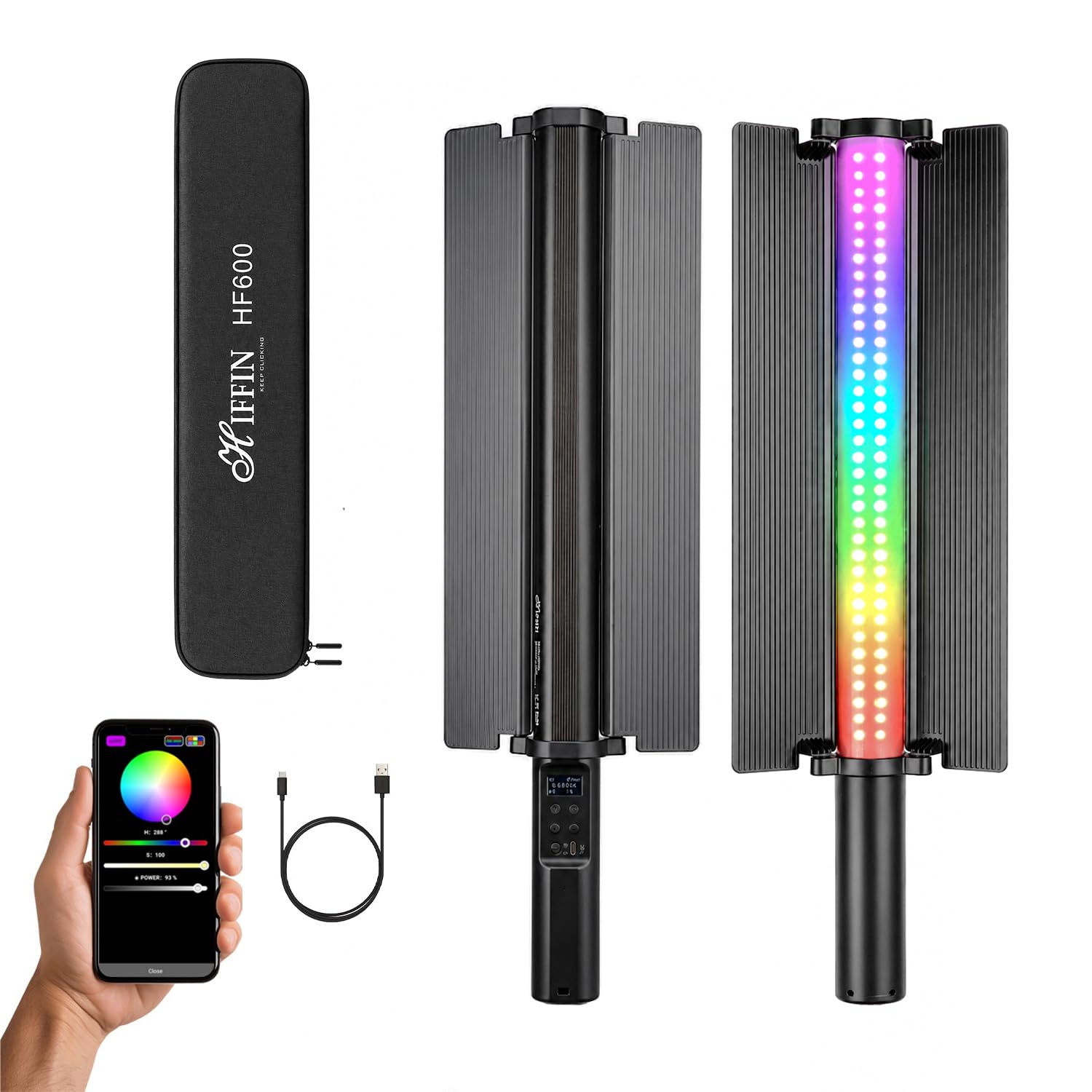 HIFFIN HF-600 RGB LED Light Stick for Photography, Photography Light with RGB CCT HSI Mode, 2500K-9900K Adjustable, 25 Fx Light Effect, Power 25W, Barndoor, 5200mah Battery for YouTube, Photoshoot