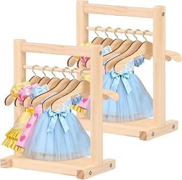 2Pack Dolls Garment Rack,Wooden Mini Clothes Rack with 12Pcs Hangers,Small Dolls Clothes Hanger Set,Doll Wardrobe Display and Drying Stand,Garment Closet Furniture Accessories for Dollhouse
