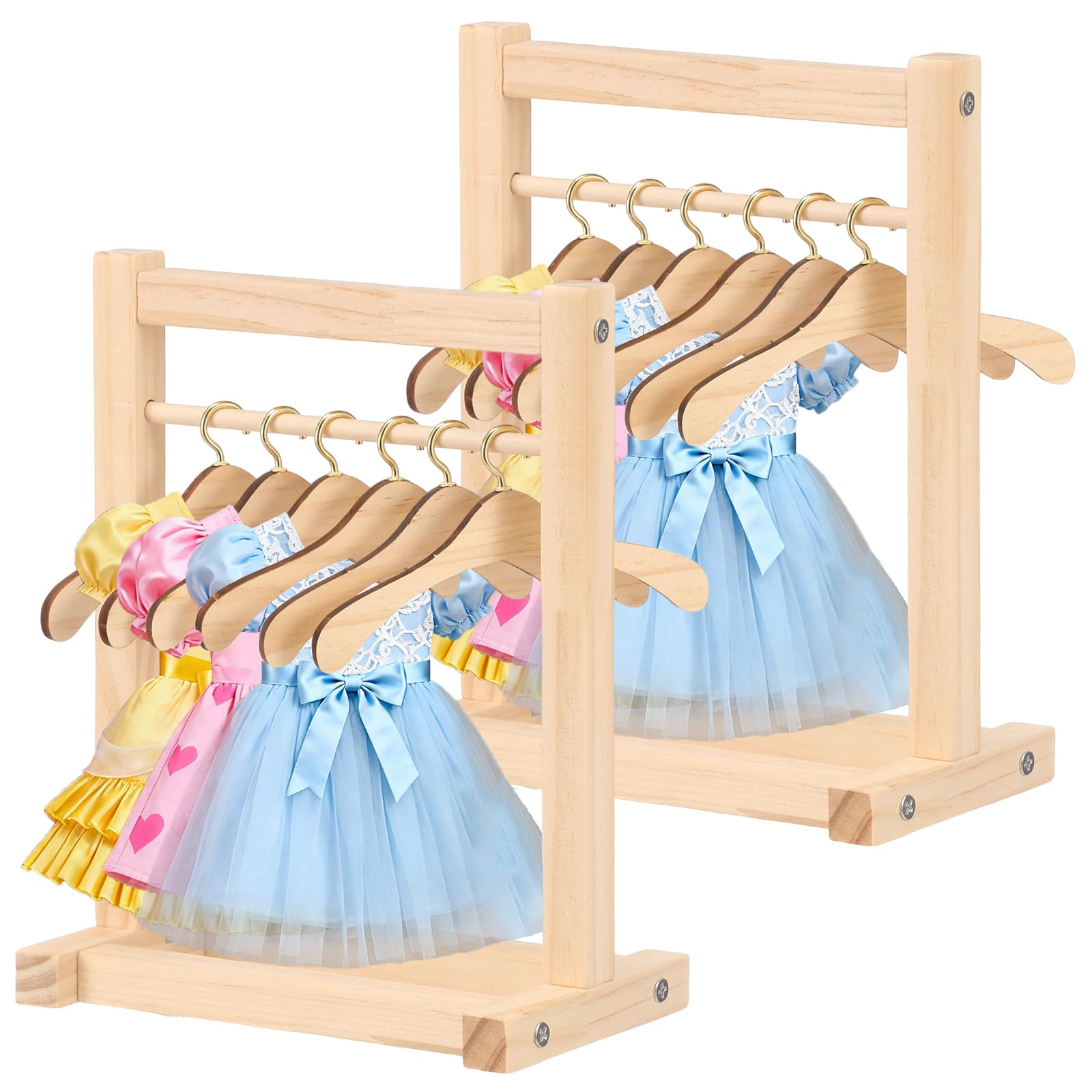 Yuekuntj Burlywood 2Pcs Wooden Doll Garment Rack With 12 Hanger Miniature Doll Clothing Storage Shelf Dolls Hangers Clothing Stand Mini Dress Up Storage Rack Dolls For Dollhouse Bedroom Living Room